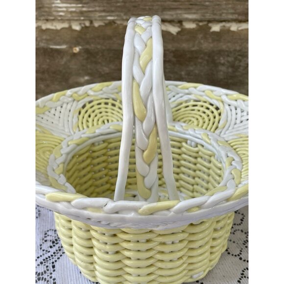 Vintage 1950s Porcelain Openwork Wicker Style Basket Yellow White - Picture 7 of 14